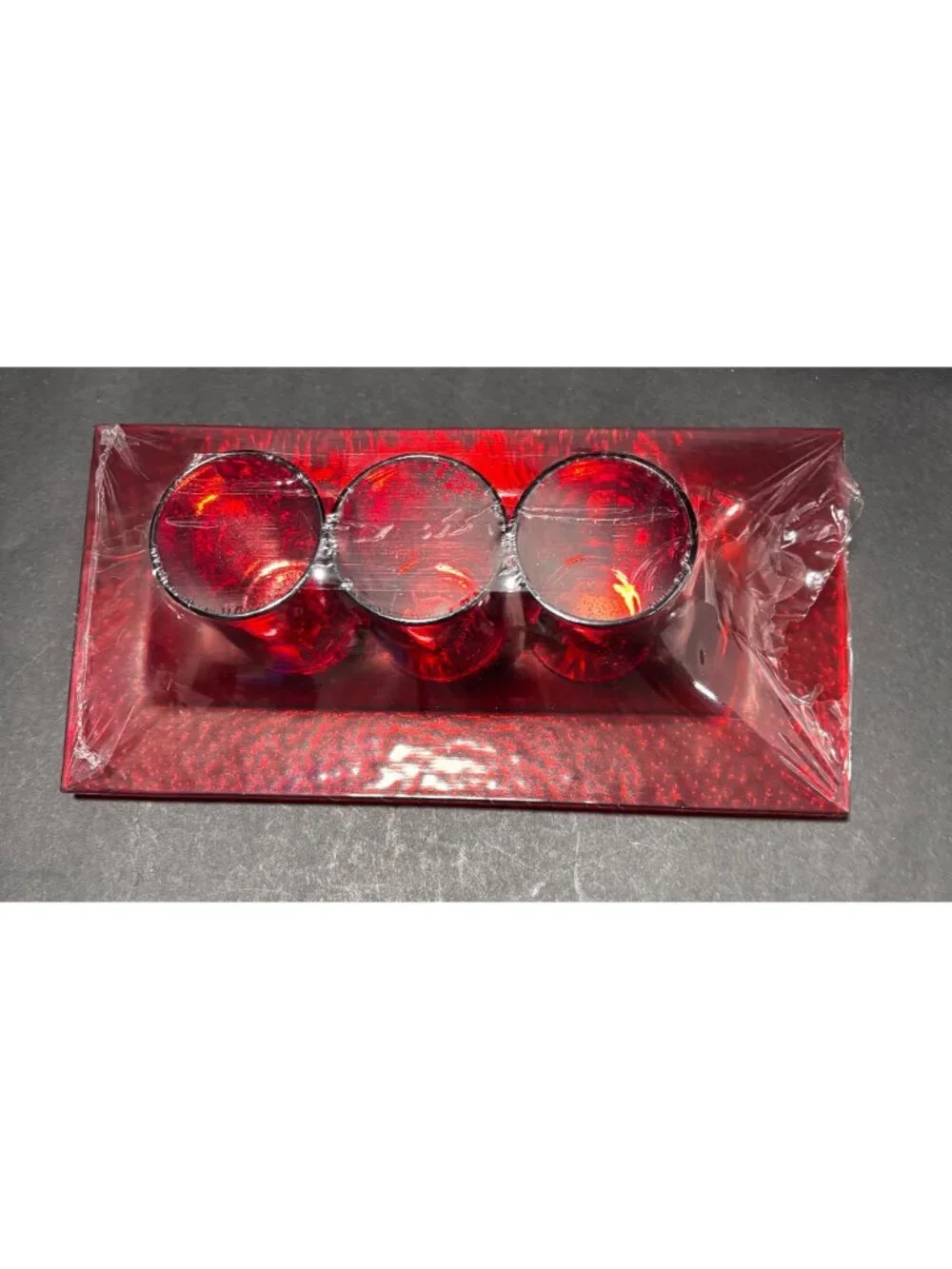 Red Glass Tealight Holder Set With Tray & Decorative Stones 3pc Holiday Festive